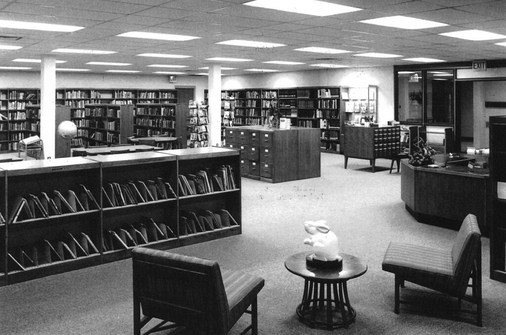 The image above captures the marble bunny that has been a part of the Mishawaka Library for many decades.