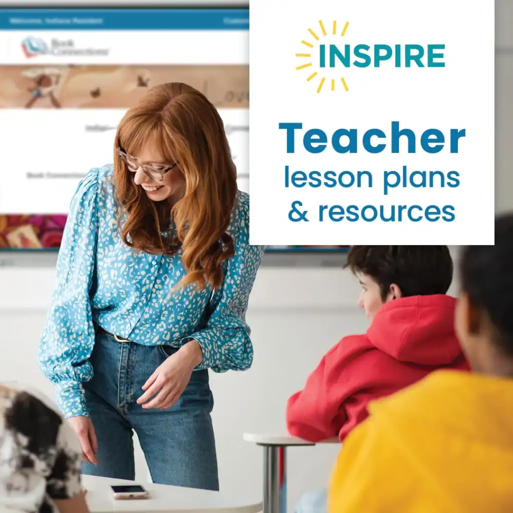 Teacher interacting with students in a classroom. "Inspire: Teacher lesson plans and resources."