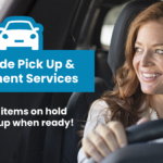 Image of a lady in her vehicle and words that read Cubside Pick Up & Document Services