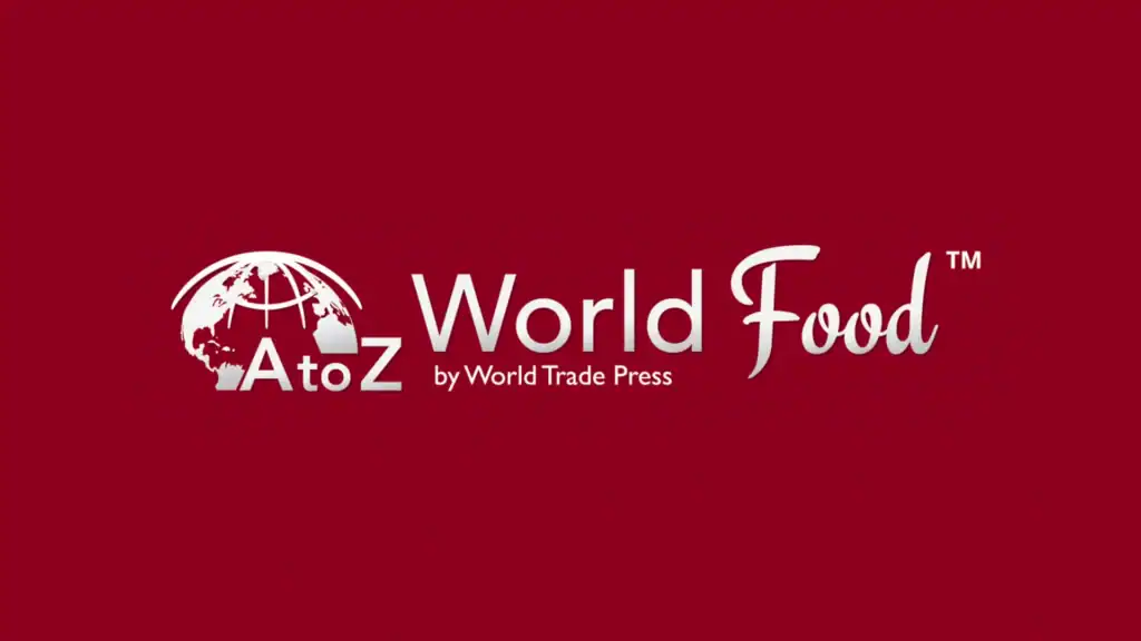 Logo on a red background featuring 'AtoZ World Food' with a globe graphic. It conveys a theme of global cuisine and information sharing.