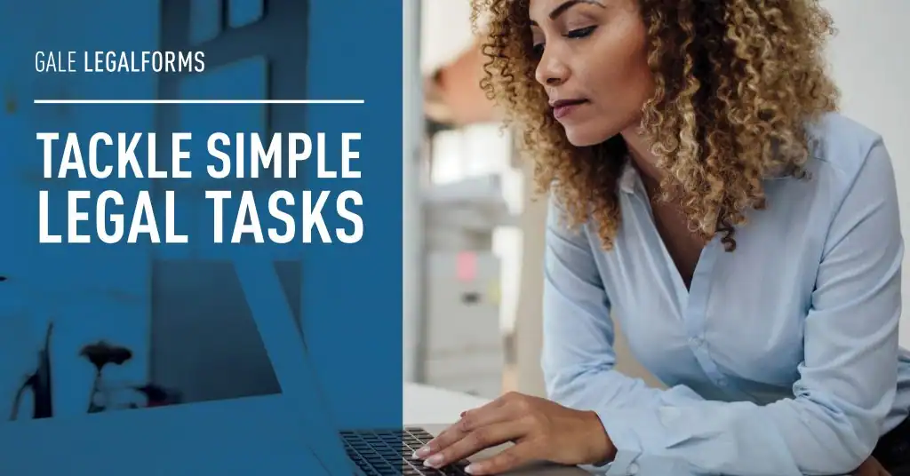 A woman uses a computer. 'Gale LegalForms, Tackle Simple Legal Tasks.'