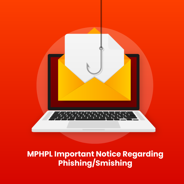 A fishing hook going into an envelope on a computer screen monitor. MPHPL logo and text on image, ‘MPHPL Important Notice Regarding Phishing/Smishing.’ 