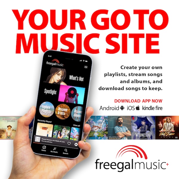 A person holding a smartphone with the Freegal app open. ‘Your go to Music site. Create your own playlist, stream songs and albums, and download songs to keep. Download the app now.’