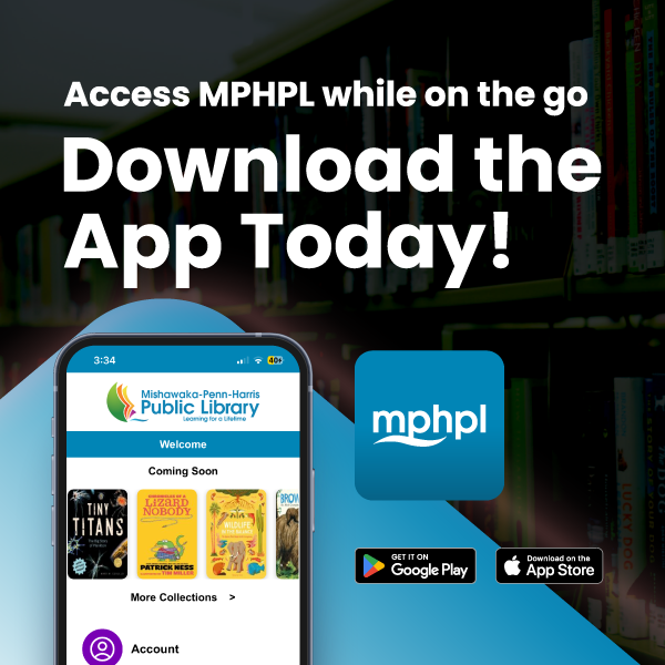 A smartphone with part of the MPHPL app interface visible. ’Access MPHPL while on the go. Download the App today!’