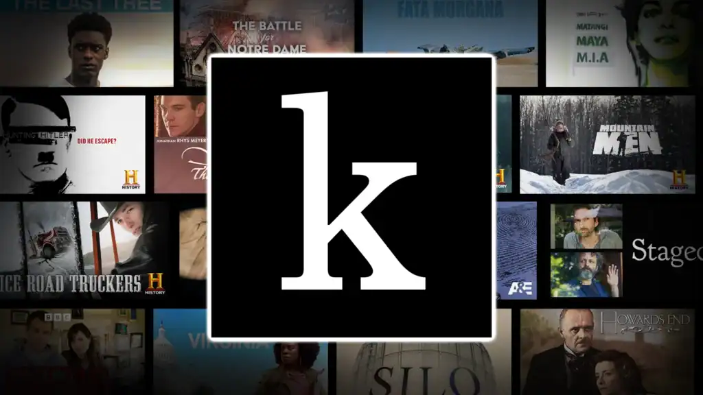 A lowercase 'k' overlay representing the Kanopy app logo is centered, surrounded by various movie and TV show posters, creating a collage of Kanopy media content.