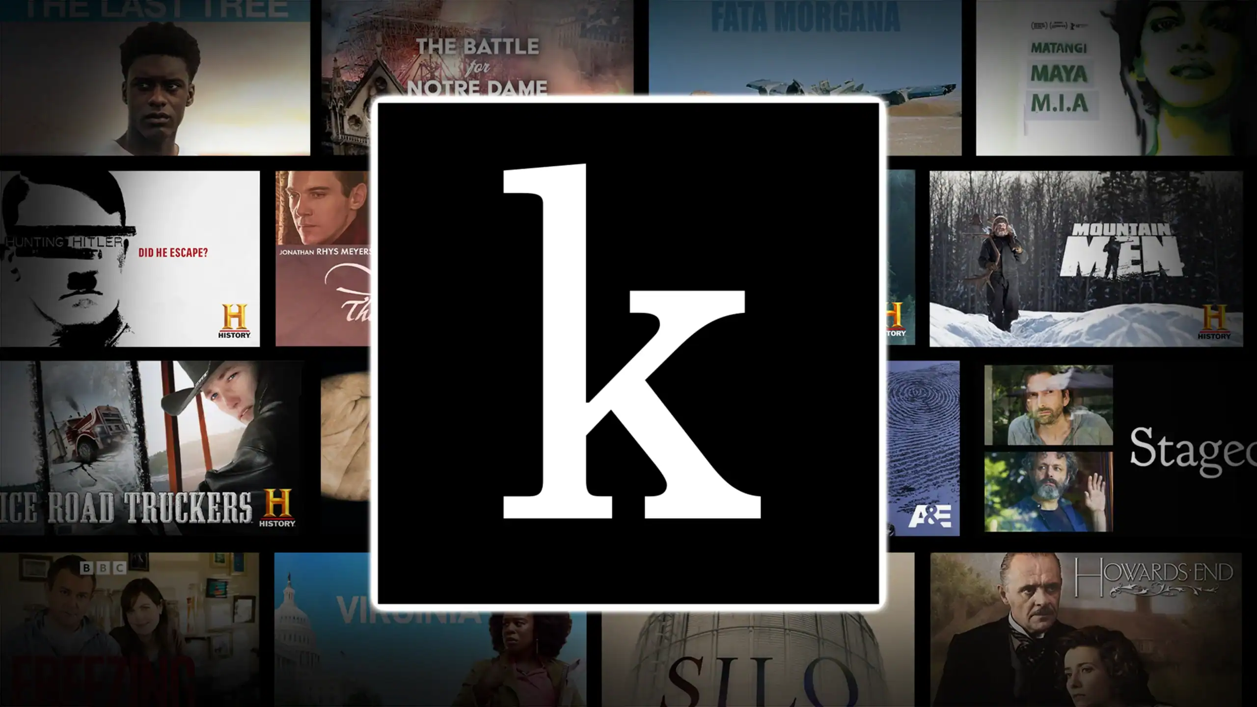 A lowercase 'k' overlay representing the Kanopy app logo is centered, surrounded by various movie and TV show posters, creating a collage of Kanopy media content.