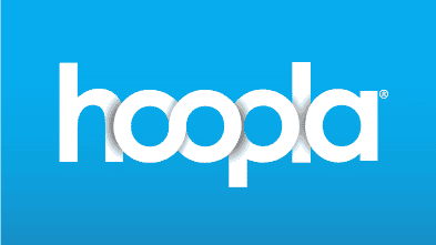 The image displays the word hoopla in bold, white lowercase letters against a bright blue background.