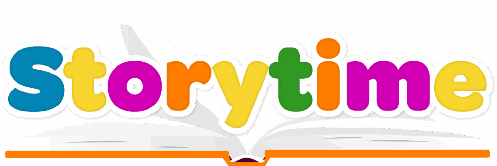 The word Storytime in bold, colorful letters is displayed above an open book with visible pages. The background is white.