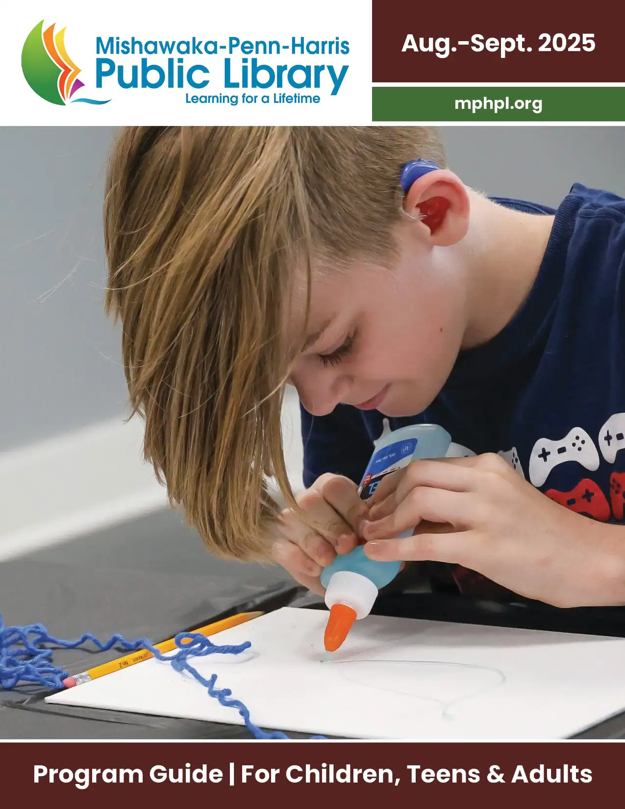 The front cover of the August and September 2025 program guide. "Mishawaka-Penn-Harris Public Library mphpl.org Program Guide for Children, Teens and Adults."