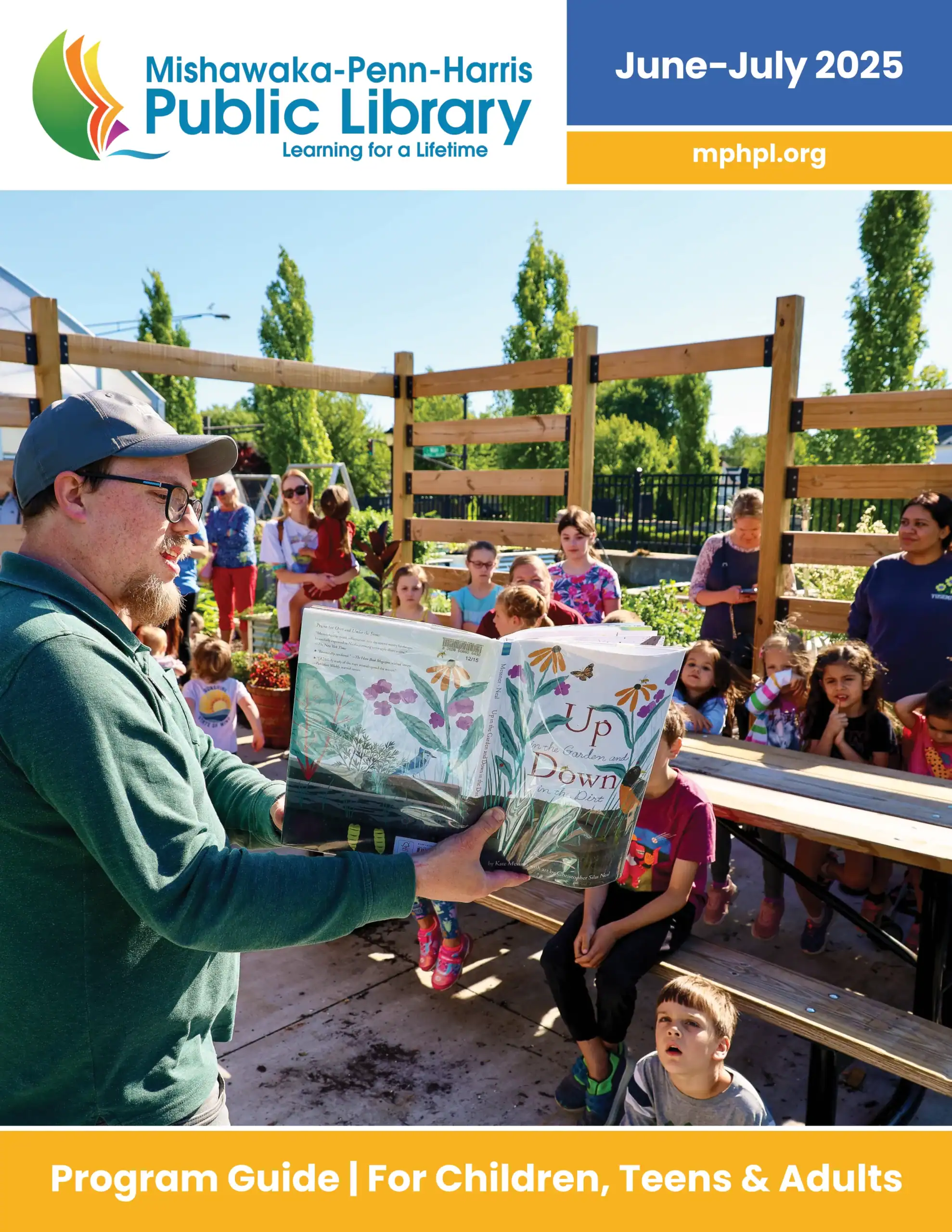 The front cover of the June and July 2025 program guide. "Mishawaka-Penn- Harris Public Library mphpl.org Program Guide for Children, Teens and Adults."