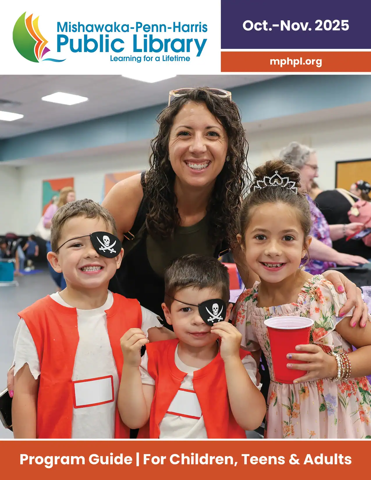 The front cover of the October and November 2025 program guide. "Mishawaka-Penn-Harris Public Library mphpl.org Program Guide for Children, Teens and Adults."