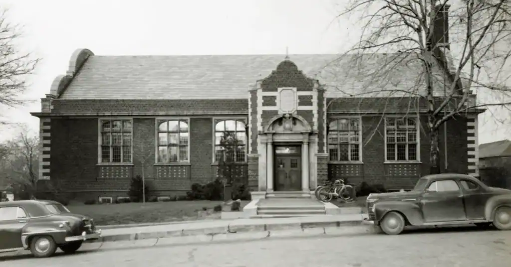 Exterior view of the historic Carnegie Library building in Mishawaka, circa 1950.