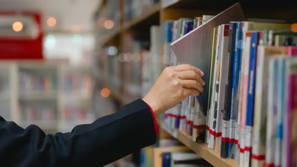 A person in a dark sleeve reaches out to pull a book from a shelf in a library, surrounded by rows of neatly arranged books.