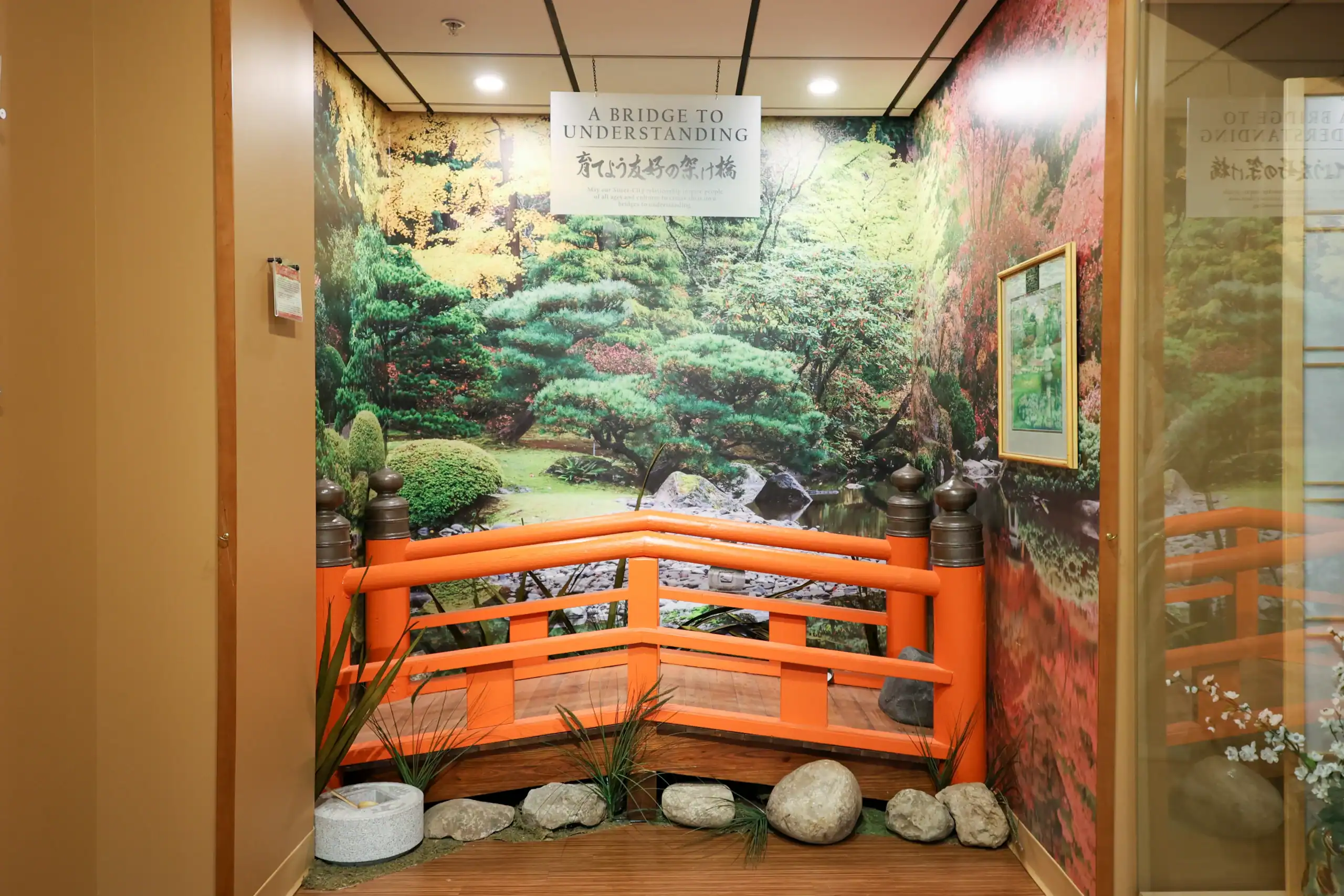 The Mishawaka Library Shiojiri Room display of a red bridge, A Bridge to Understanding.