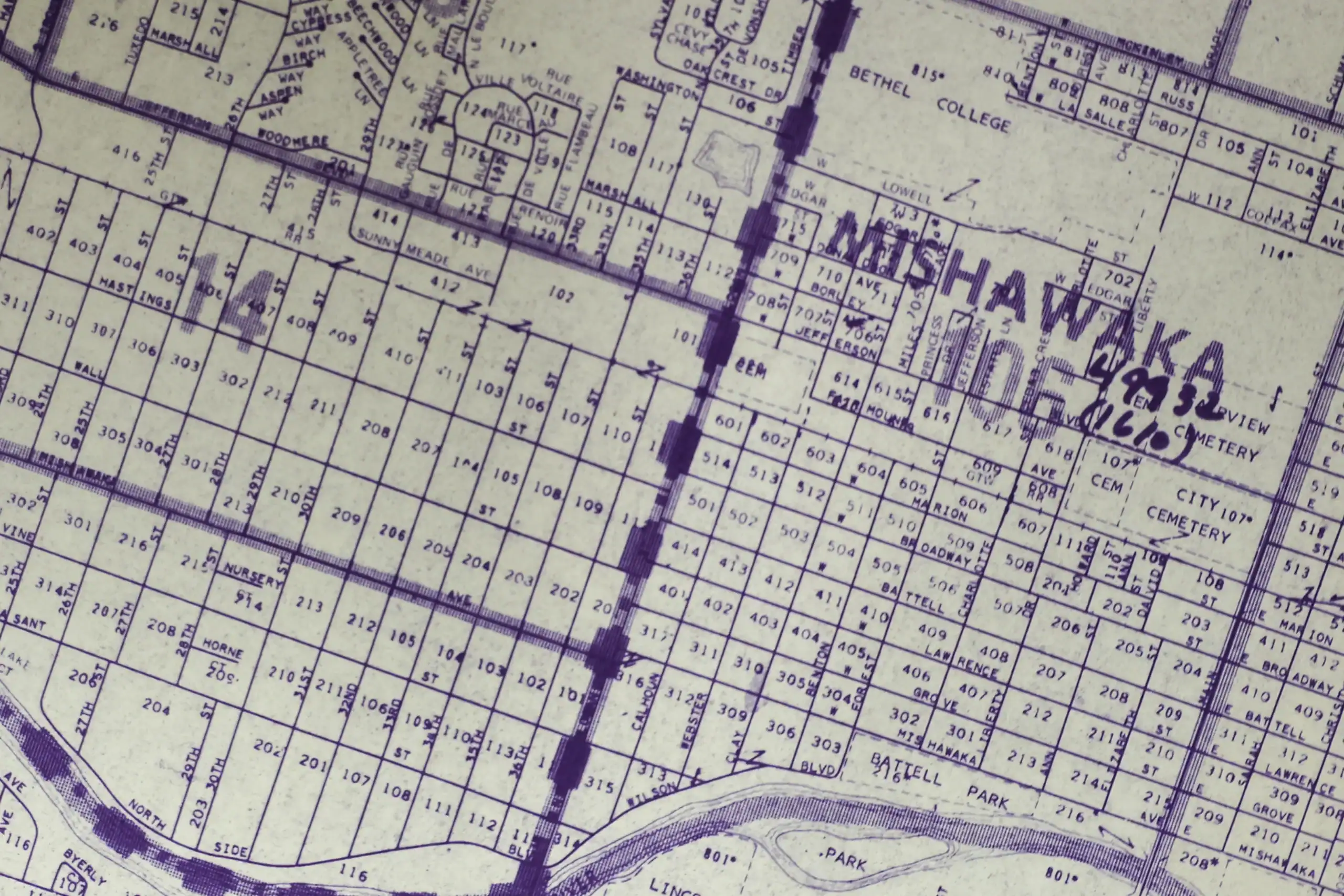 A close up of a vintage map of Mishawaka.