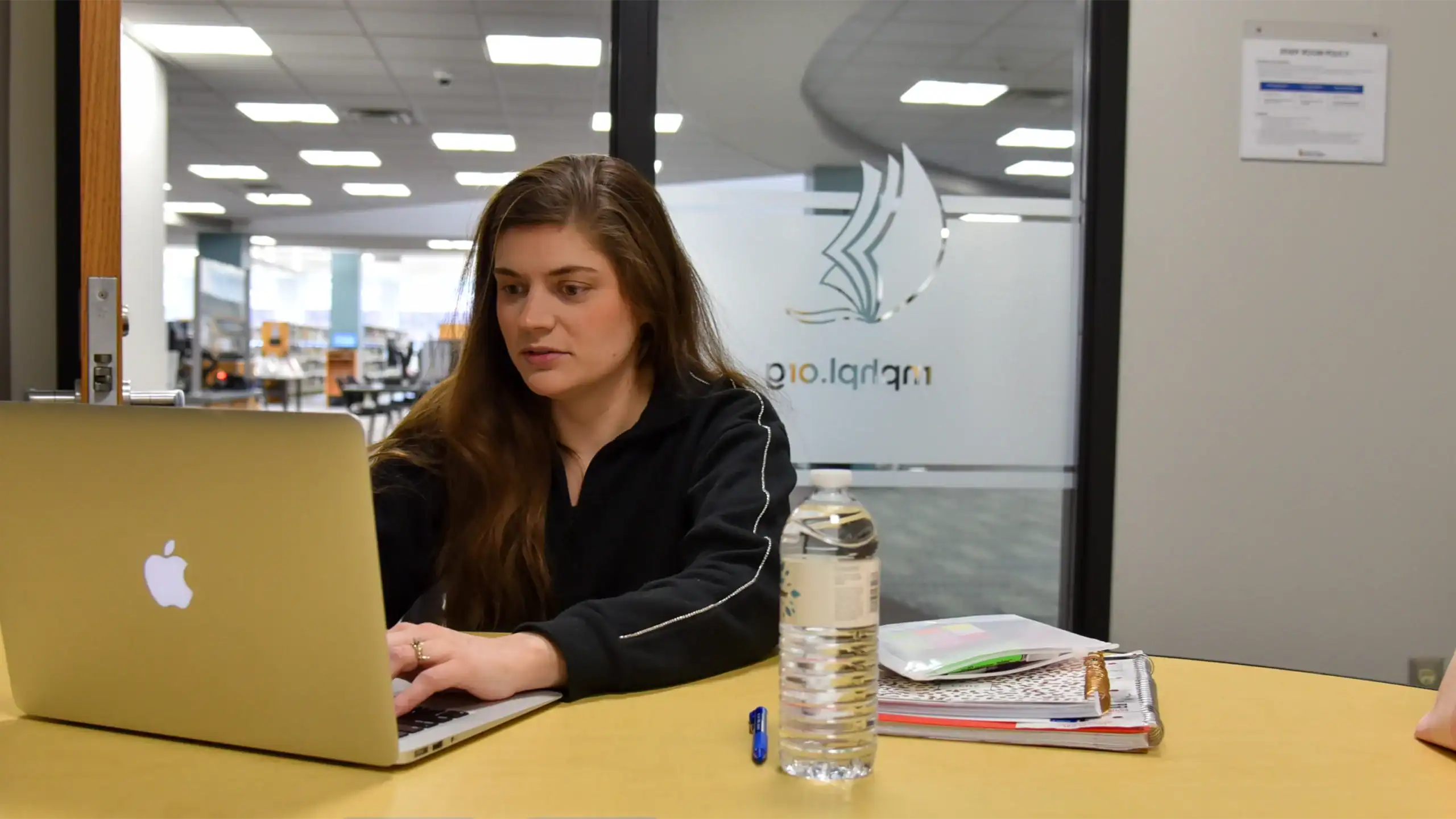 A patron at the Mishawaka Library uses a laptop in one of the study rooms.