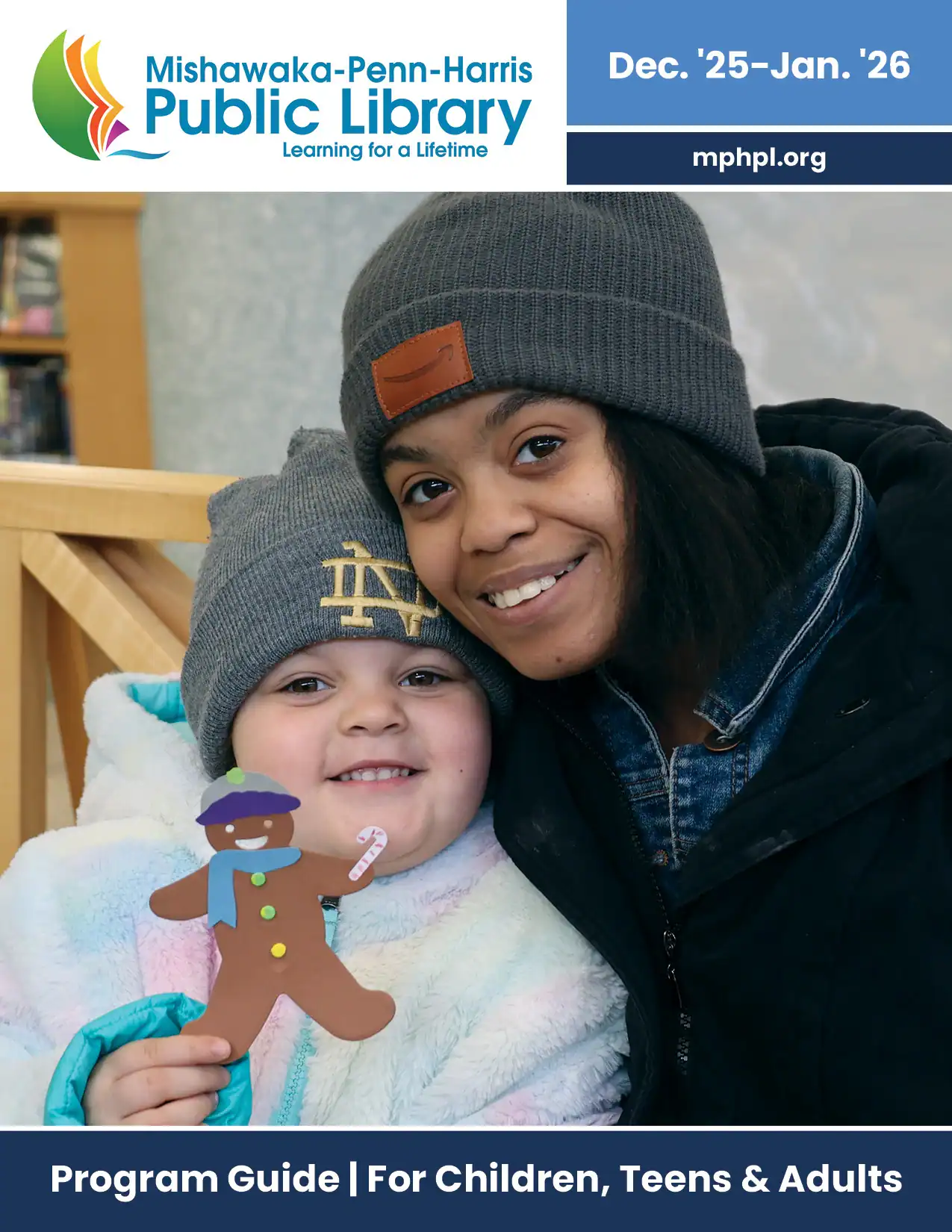 The front cover of the December 2025 and January 2026 program guide. "Mishawaka-Penn-Harris Public Library mphpl.org Program Guide for Children, Teens and Adults."
